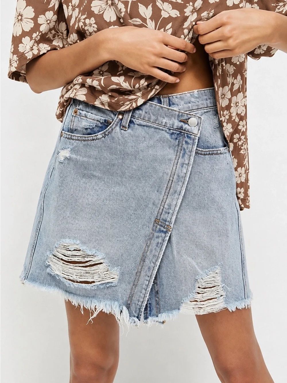 We The Free by Free People Distressed Wrap Denim Mini Skirt | Size 27